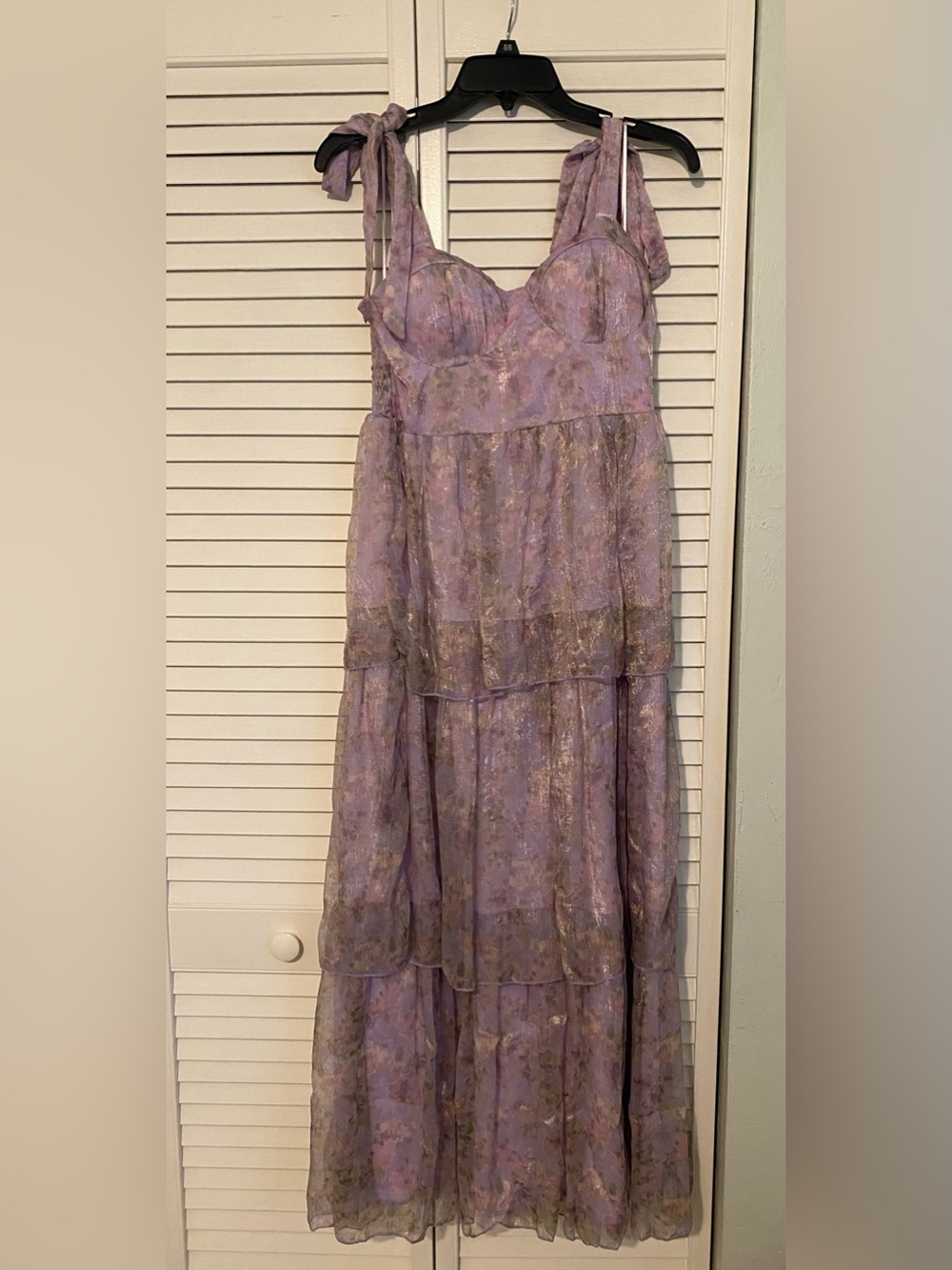 Tie-Shoulder Lavender Floral Tiered Maxi Dress